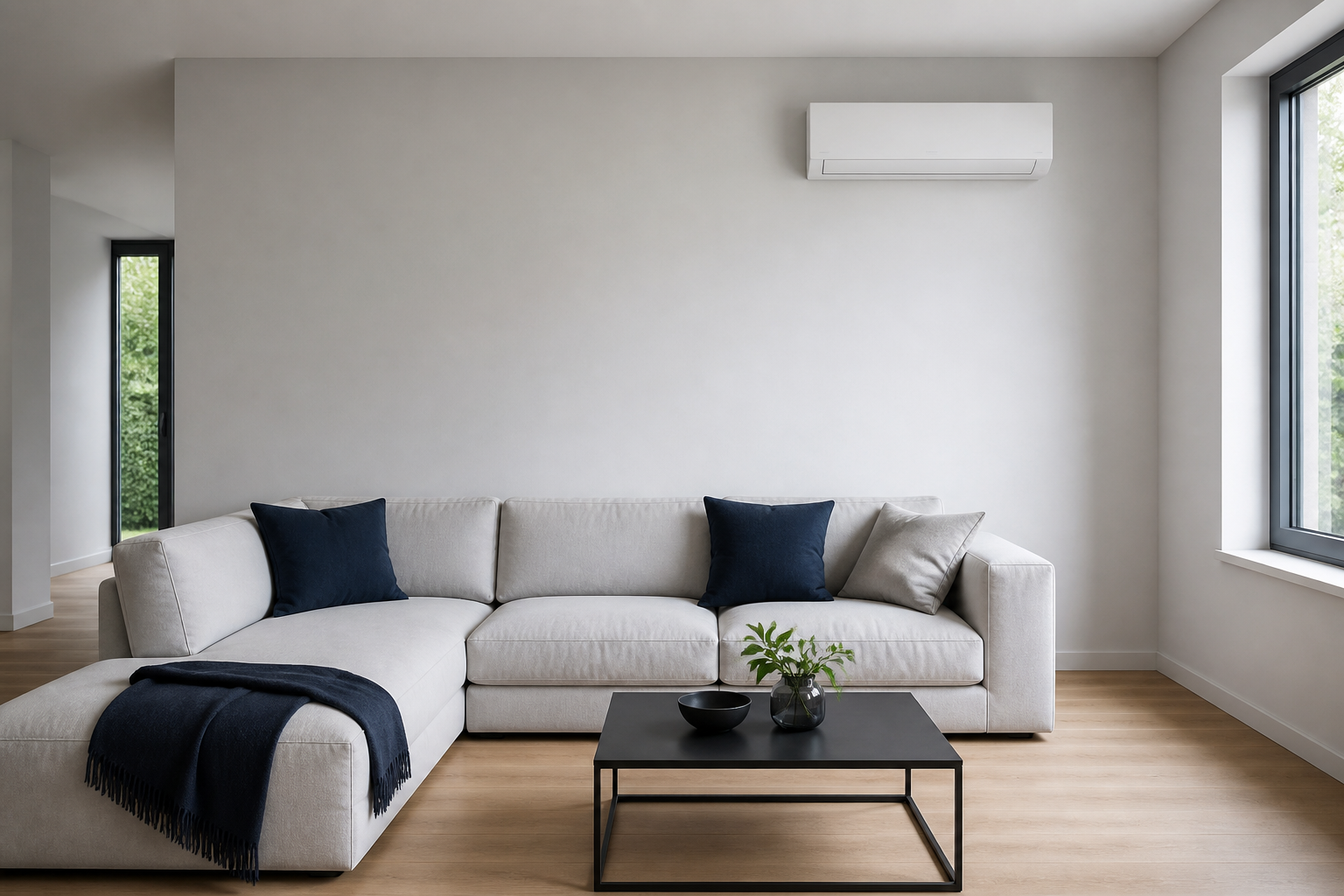 Heller Wohnraum mit einer unaufdringlich an der Wand montierten Split-Klimaanlage